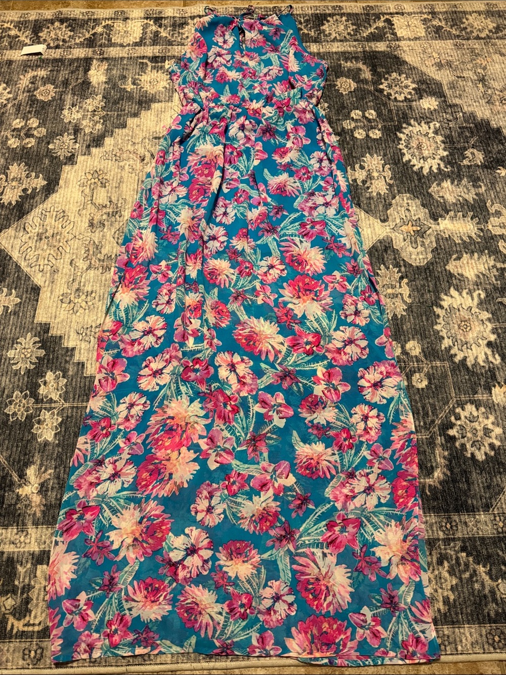 Forever 21 Teal Floral Maxi Dress with Pink and Cream Flowers